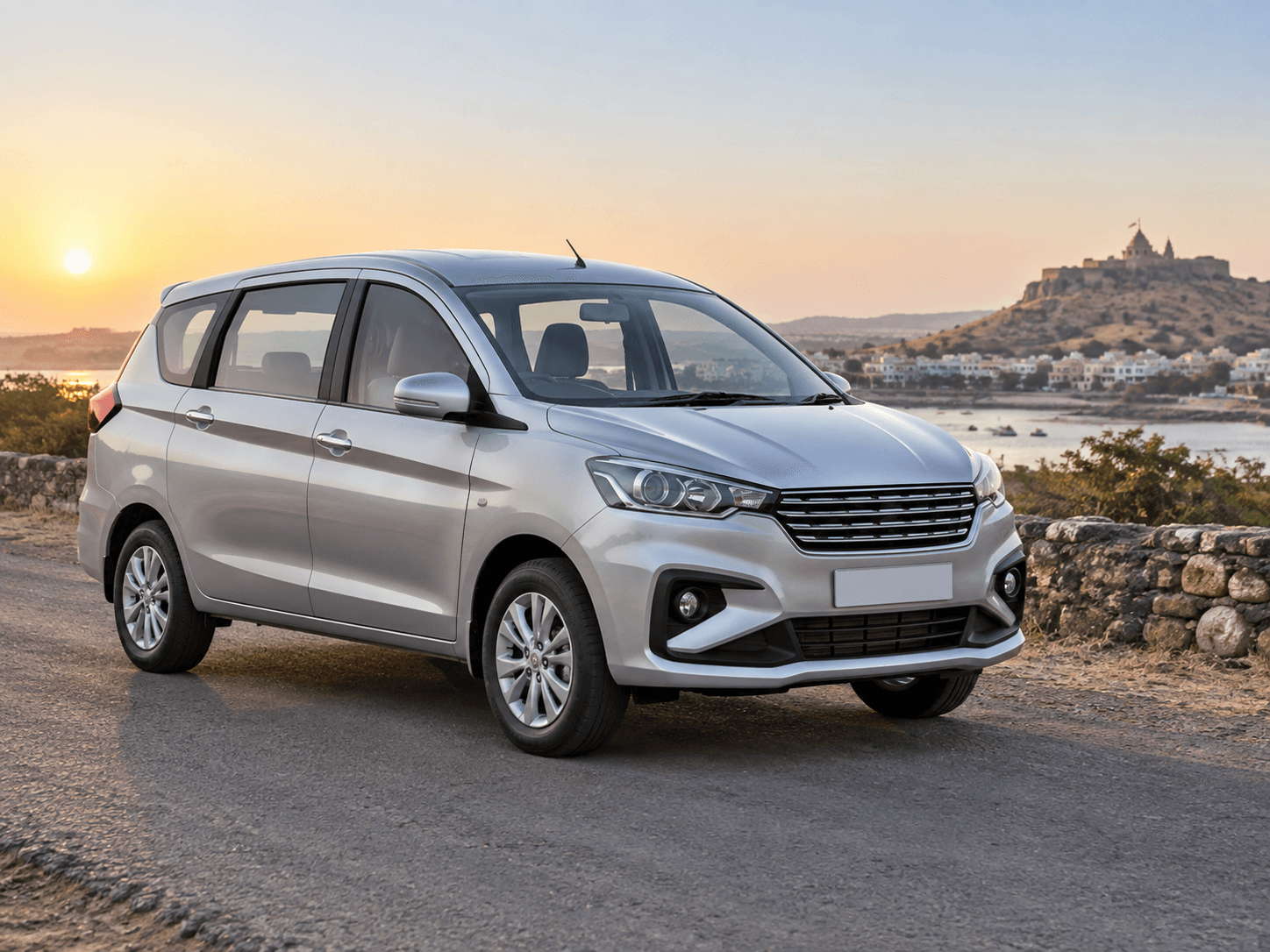 Silver family MPV in the Gujarat countryside