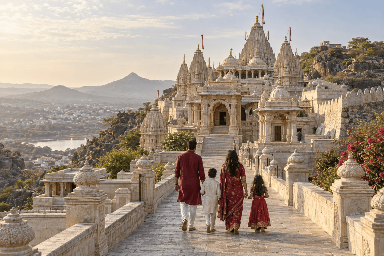 A family approaches a Jain temple complex in Saurashtra